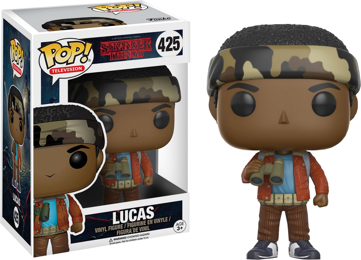Funko Pop! figure of Lucas from Stranger Things, collectible toy from Shak's Pop Shop, featuring detailed character design.