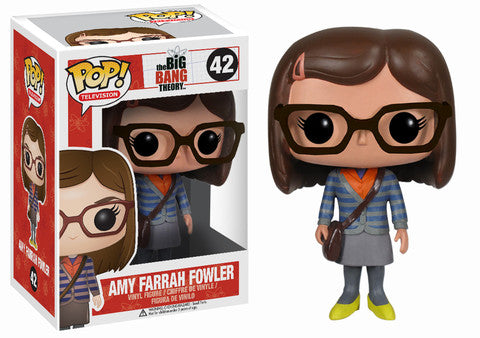 Funko Pop! figure of Amy Farrah Fowler from The Big Bang Theory with box imperfection, collectible toy from Shak's Pop Shop.
