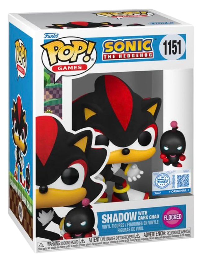 Funko Pop! Sonic the Hedgehog Shadow with Dark Chao figure, flocked texture, Toy Temple exclusive, detailed collectible toy.