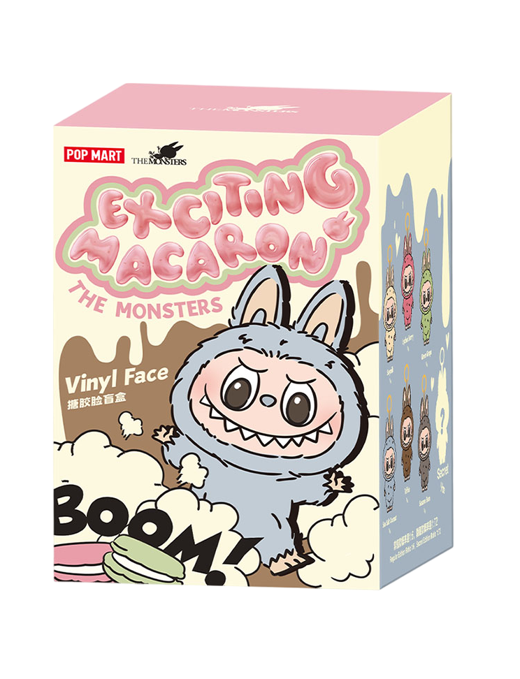 Pop Mart The Monsters Exciting Macaron vinyl face blind box by Shak's Pop Shop, featuring colorful collectible toy packaging.