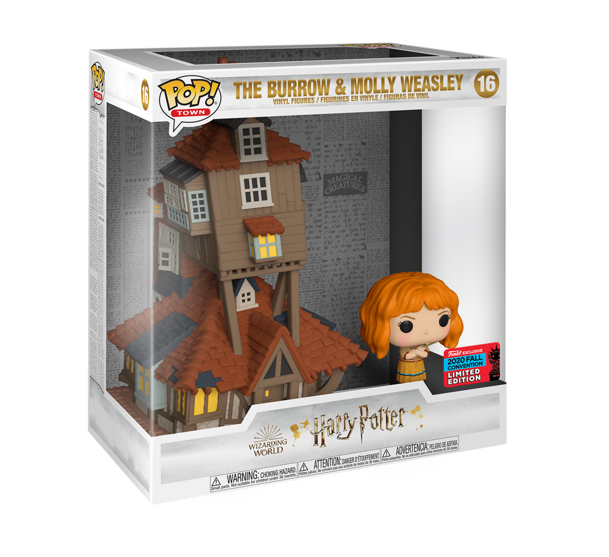 Funko Pop! Town Harry Potter The Burrow and Molly Weasley figure with shared 2020 Fall Convention sticker, detailed collectible toy.