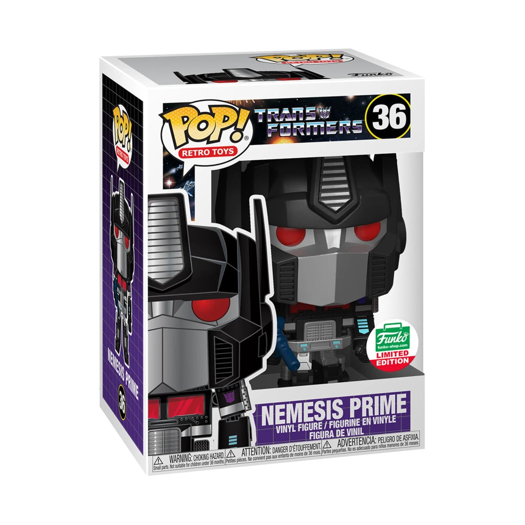 Funko Pop! Retro Toys Transformers Nemesis Prime figure, exclusive collectible toy from Shak's Pop Shop, detailed packaging.