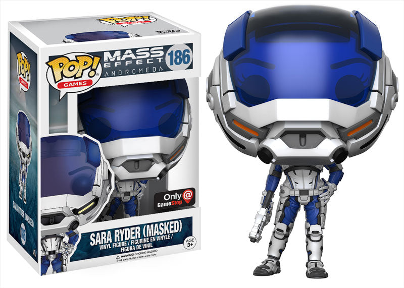 Funko Pop! Games: Mass Effect Andromeda Sara Ryder masked figure, exclusive collectible by Shak's Pop Shop, detailed figure with helmet.
