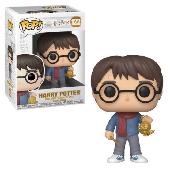 Funko Pop! Harry Potter Holiday figure featuring Harry Potter in festive attire, with glasses and wand, from Shak's Pop Shop.