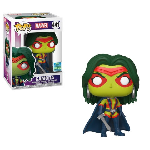 Funko Pop! Marvel Gamora figure from 2019 SDCC Shared Exclusive, featuring detailed Marvel character design.