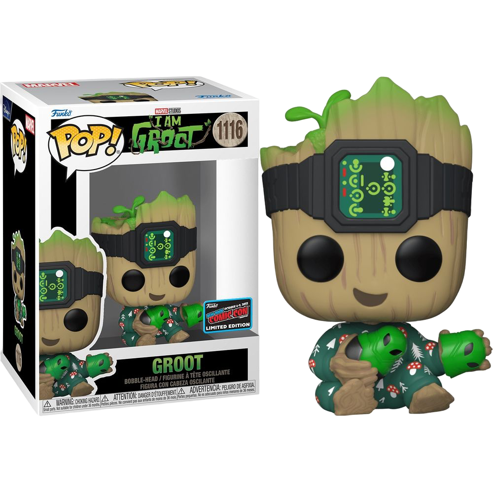 Funko Pop! Marvel: I Am Groot figure with NYCC con sticker, featuring Groot in a playful pose, from Shak's Pop Shop.