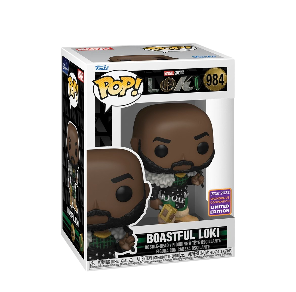 Funko Pop! Marvel Loki Boastful Loki figure, 2022 WonderCon shared exclusive, featuring detailed Loki character design.