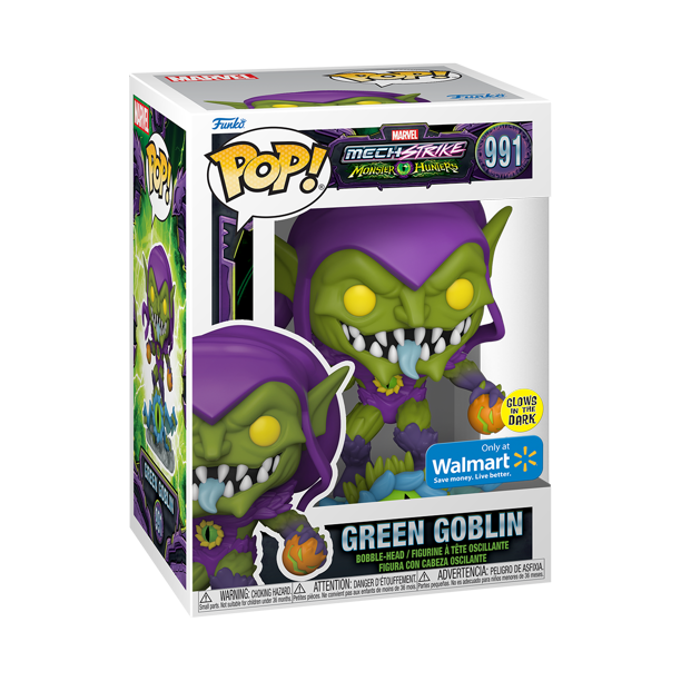 Funko Pop! Marvel Monster Hunters Green Goblin glow figure with box imperfection, collectible toy from Shak's Pop Shop.
