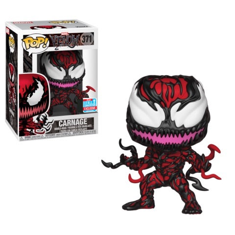 Funko Pop! Marvel Venomized Carnage figure from 2018 NYCC shared exclusive, featuring detailed red and black symbiote design.