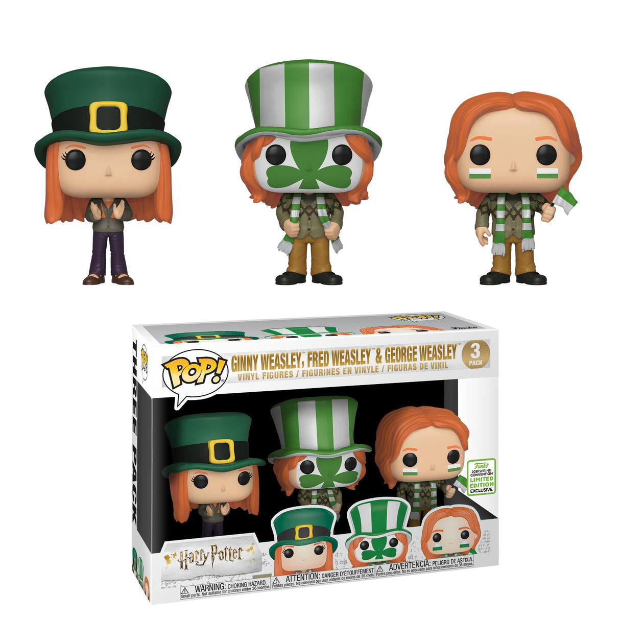 Funko Pop! Harry Potter Quidditch World Cup 3-Pack with Ginny Weasley, Fred, and George Weasley figures in shared exclusive box.