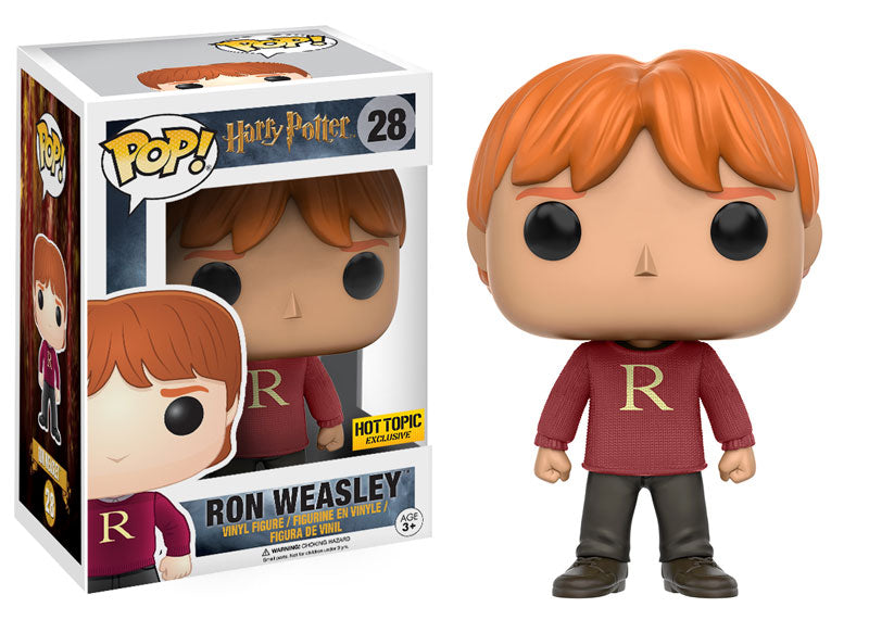 Funko Pop! Harry Potter Ron Weasley in sweater figure from Shak's Pop Shop, Hot Topic exclusive, with detailed character features.