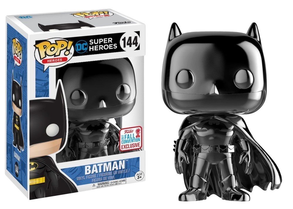 Funko Pop! Batman Black Chrome collectible figure from Heroes 2017 NYCC shared exclusive, featuring sleek black chrome finish.