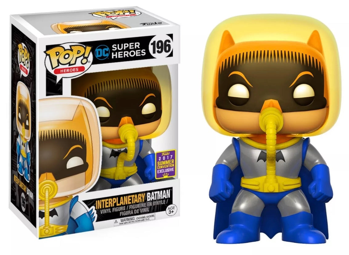 Funko Pop! Heroes Interplanetary Batman 2017 SDCC Shared Exclusive figure with box imperfection, collectible toy from Shak's Pop Shop.