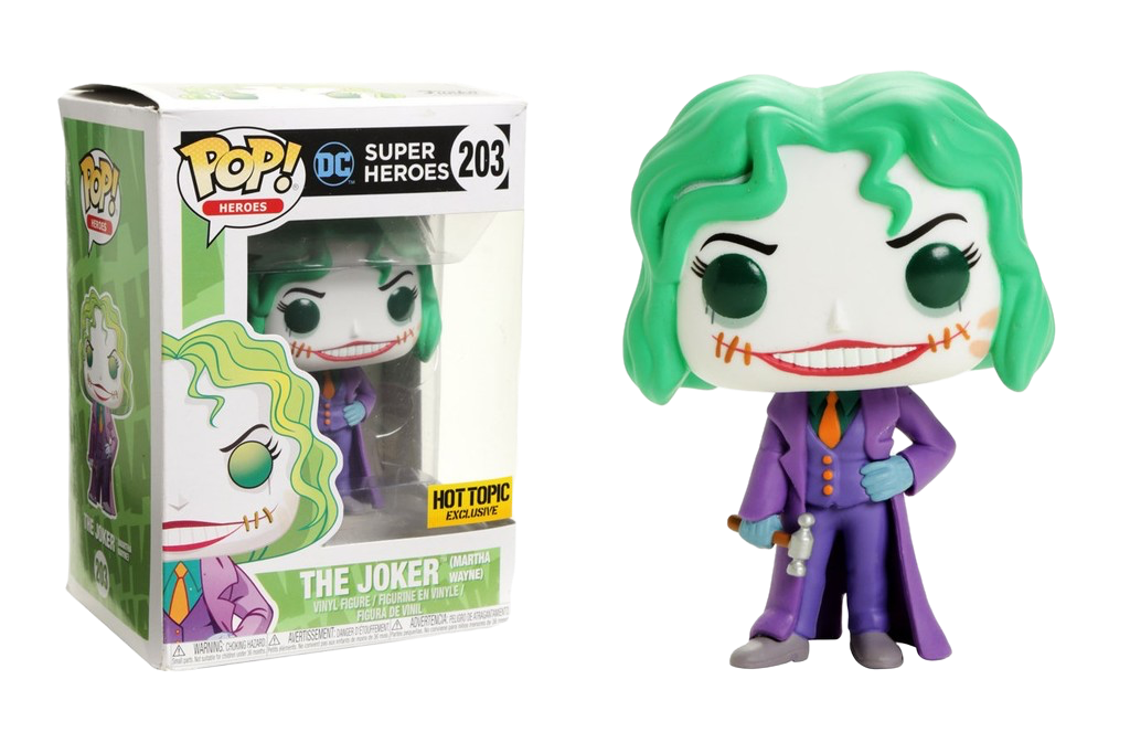 Funko Pop! figure of The Joker as Martha Wayne from Heros series, featuring detailed Joker costume and expression.