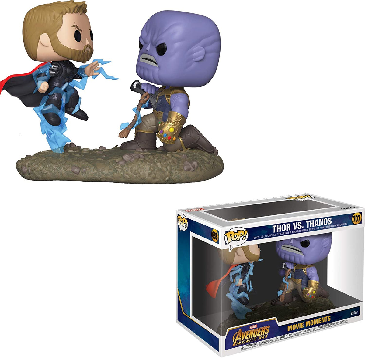 Funko Pop! figures of Thor and Thanos from Marvel Avengers Infinity War, collectible vinyl characters displayed side by side.