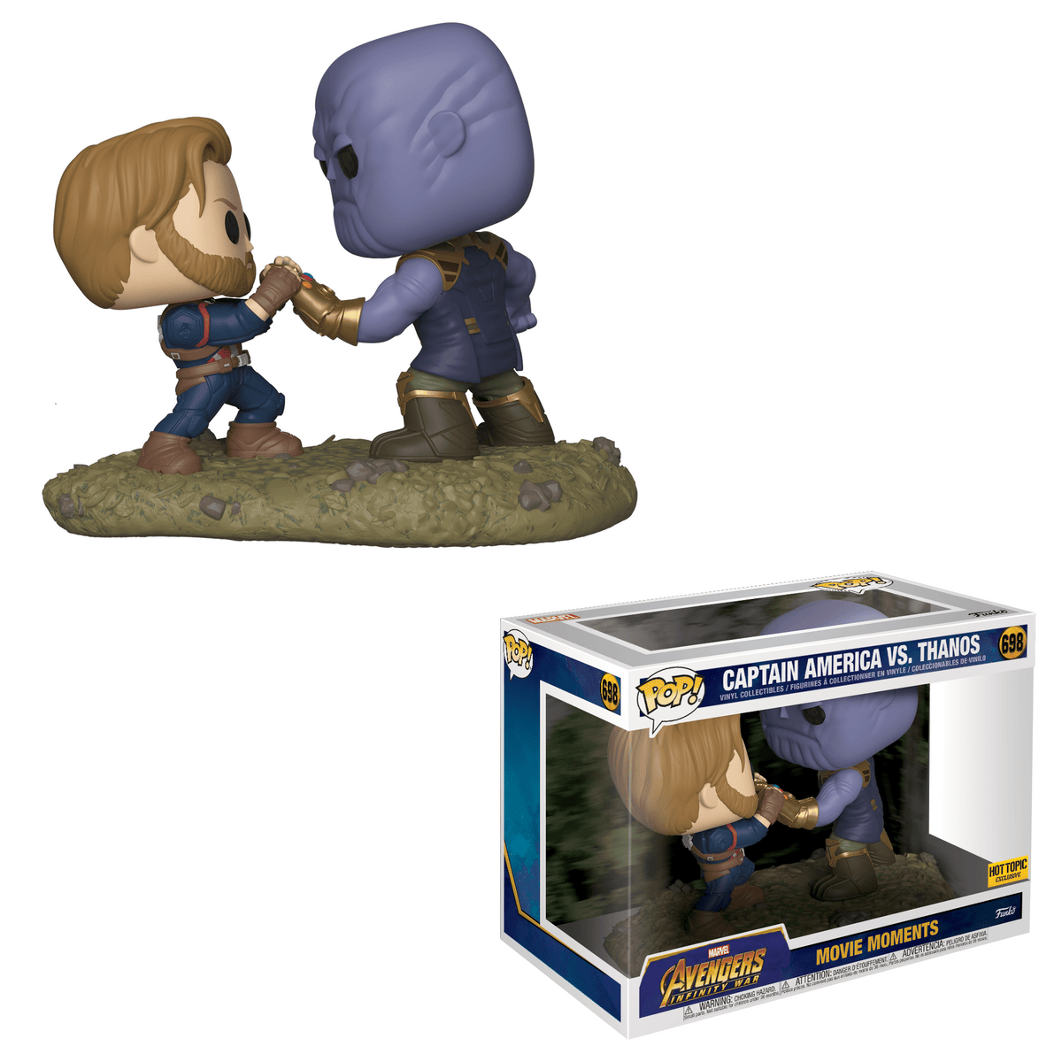 Funko Pop! figures of Marvel's Captain America and Thanos, Hot Topic exclusive, featuring detailed character designs.