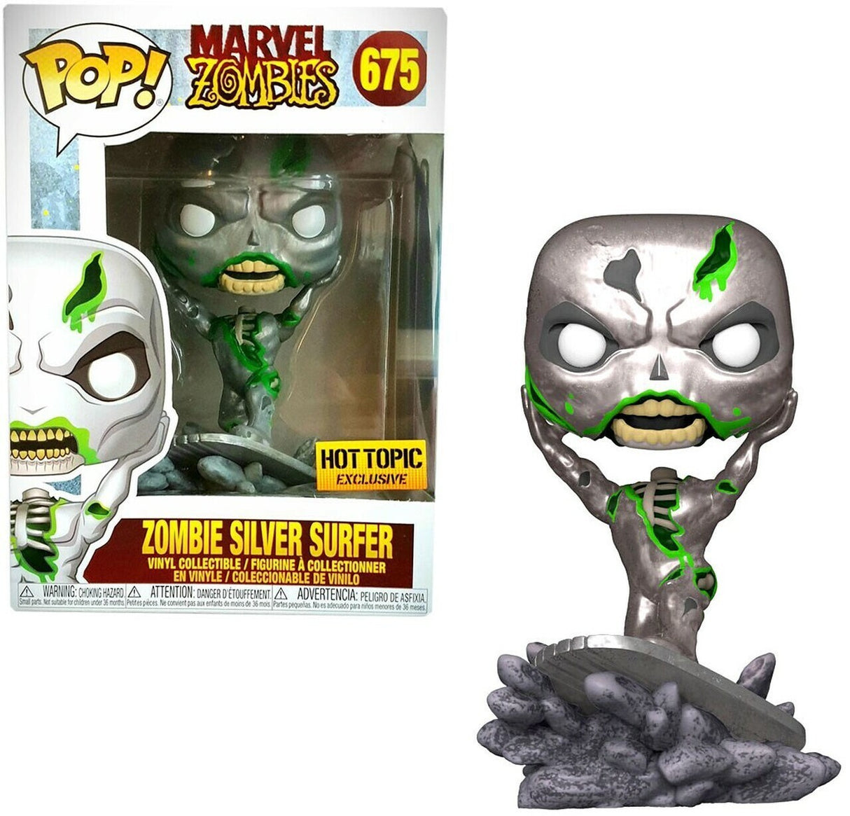 Marvel Zombies Silver Surfer Funko Pop! figure, Hot Topic exclusive, with detailed comic-style design and metallic silver finish.