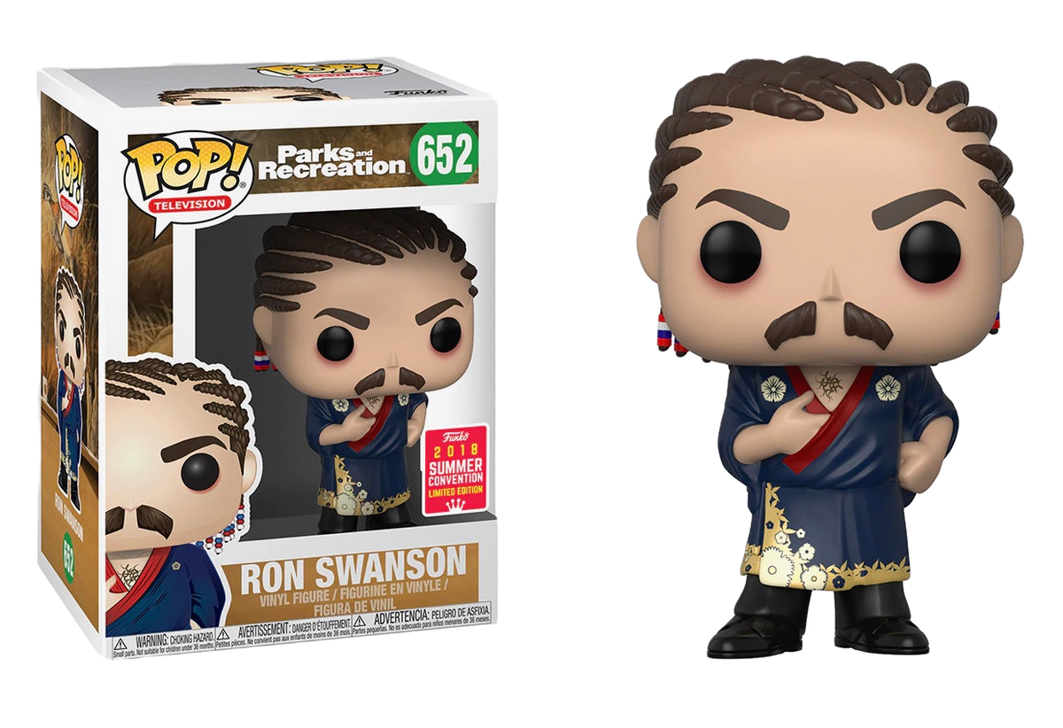 Funko Pop! figure of Ron Swanson from Parks and Recreation, 2018 SDCC shared exclusive, collectible toy by Shak's Pop Shop.