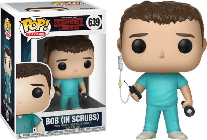 Funko Pop! figure of Bob in scrubs from Stranger Things, with minor box imperfection, displayed in detailed view.