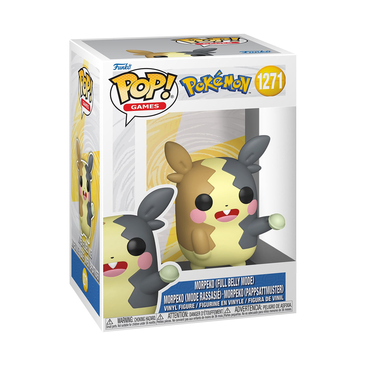 Funko Pop! Games: Pokemon Morpeko Full Belly figure, featuring detailed design and vibrant colors, on a clear display stand.