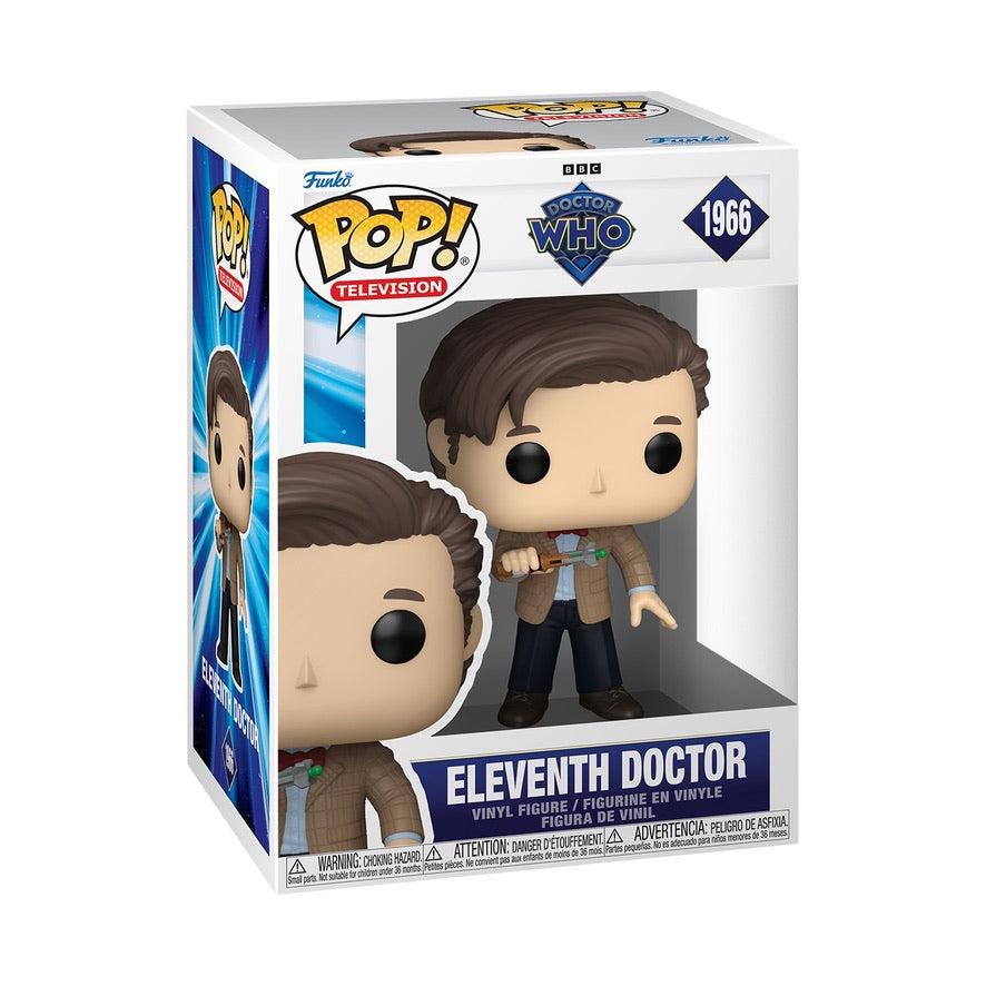 Funko Pop! Doctor Who Eleventh Doctor figure with signature outfit and facial features, collectible toy from Shak's Pop Shop.