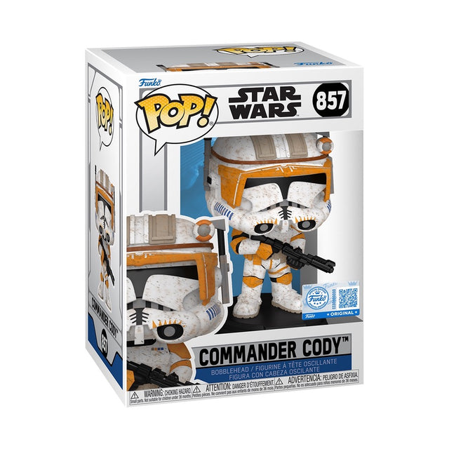 Funko Pop! Star Wars Commander Cody collectible figure with detailed armor and helmet, standing in a posed display.