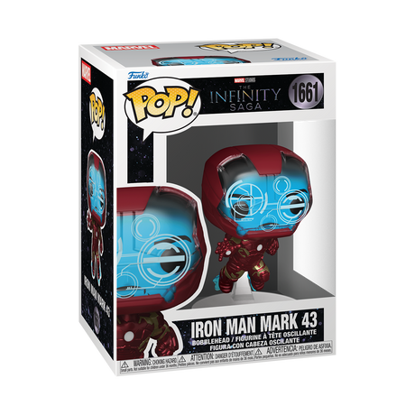 Funko Pop! Marvel MCU Archives Iron Man Mark 43 collectible figure, featuring detailed armor and iconic pose.