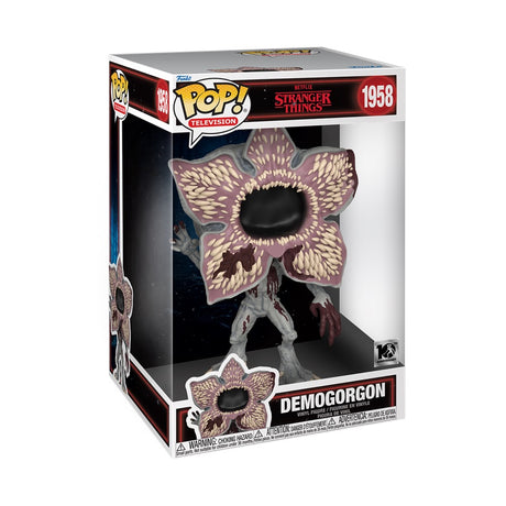 Jumbo 10-inch Funko Pop! Demogorgon figure from Stranger Things, featuring a detailed, stylized collectible toy on a display stand.