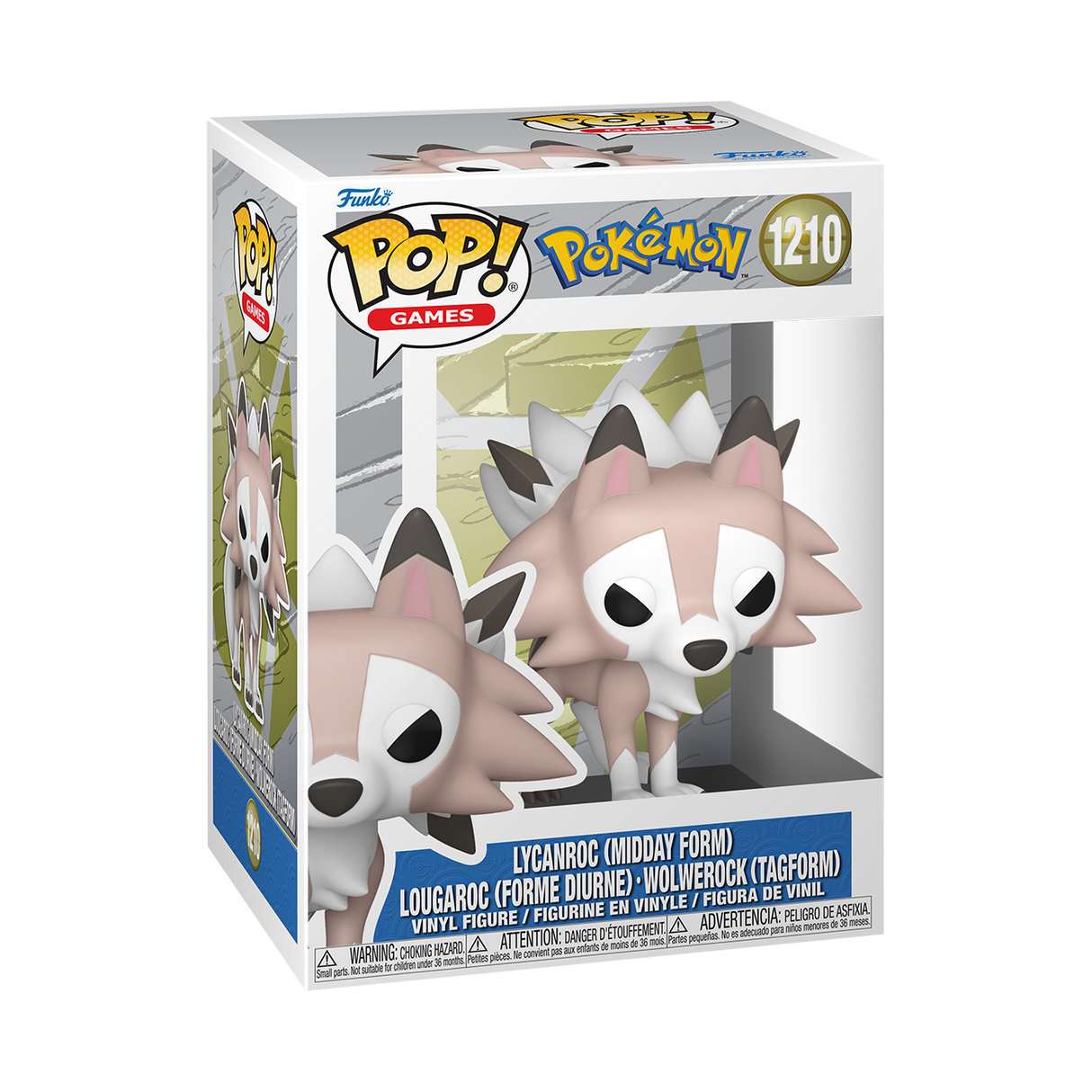 Funko Pop! figure of Lycanroc (Midday) from Pokémon, with detailed features and vibrant colors, part of the Funko Pop! Games series.