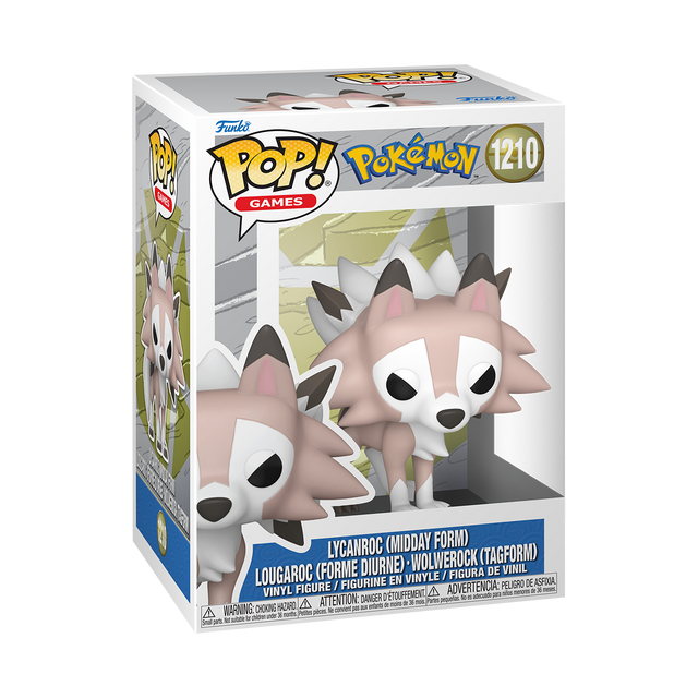 Funko Pop! figure of Lycanroc (Midday) from Pokémon, with detailed features and vibrant colors, part of the Funko Pop! Games series.