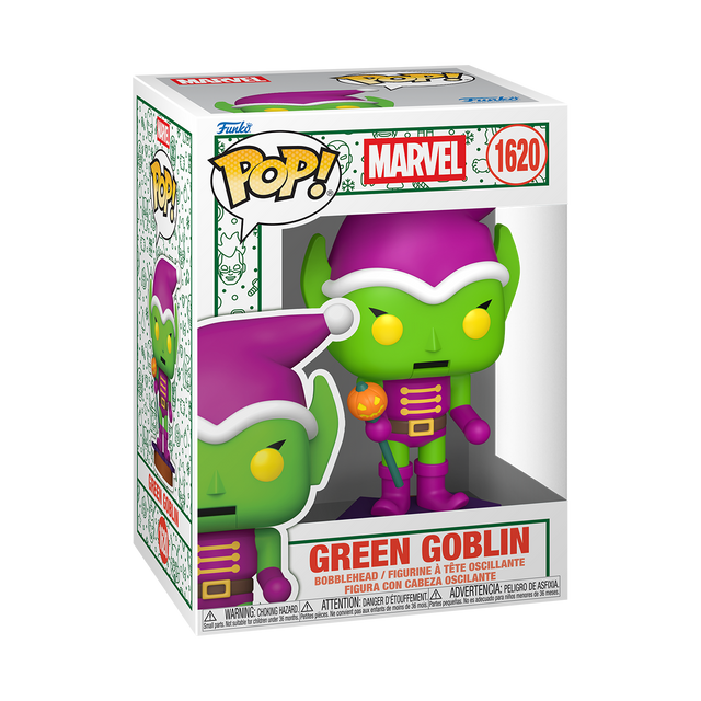 Funko Pop! Marvel Green Goblin Holiday figure with festive costume and pumpkin accessories, collectible toy from Shak's Pop Shop.