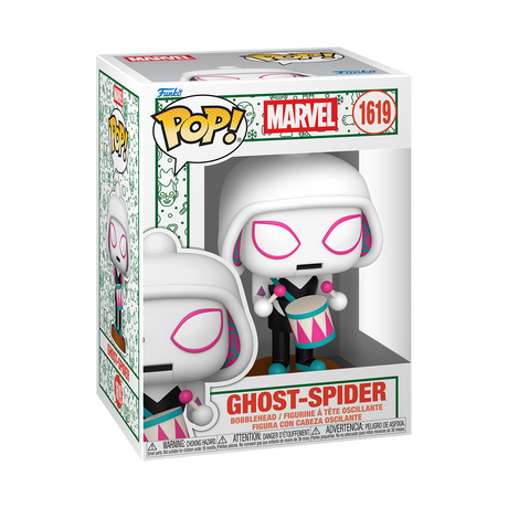 Funko Pop! Marvel Ghost-Spider Holiday figure with festive costume and vibrant colors, from Shak's Pop Shop collection.