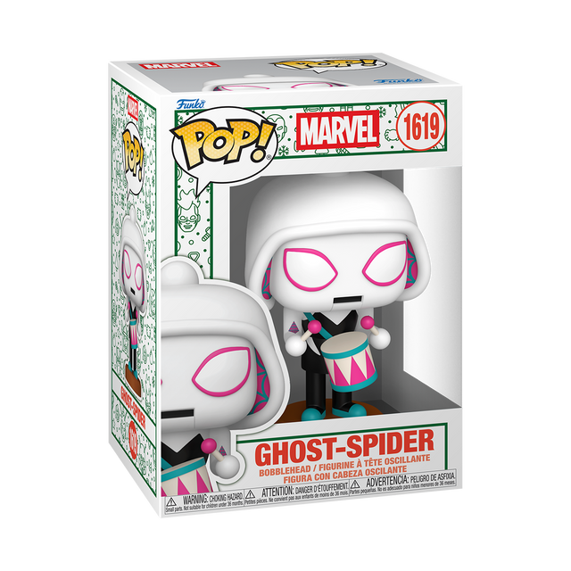 Funko Pop! Marvel Ghost-Spider Holiday figure with festive costume and vibrant colors, from Shak's Pop Shop collection.