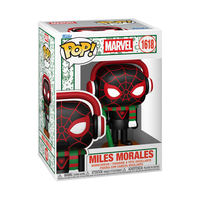 Funko Pop! Marvel Miles Morales Holiday figure with festive costume, collectible vinyl toy, from Shak's Pop Shop.