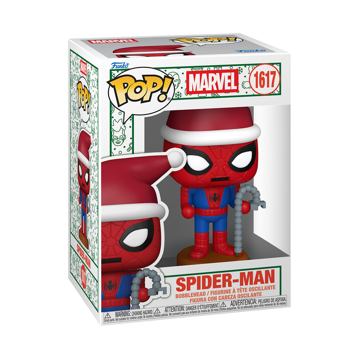 Funko Pop! Marvel Spider-Man Holiday figure from Shak's Pop Shop, featuring Spider-Man in festive holiday attire.
