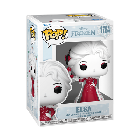 Funko Pop! Disney Frozen Elsa figure with glittery holiday dress, featuring Elsa's signature hairstyle and icy blue accents.