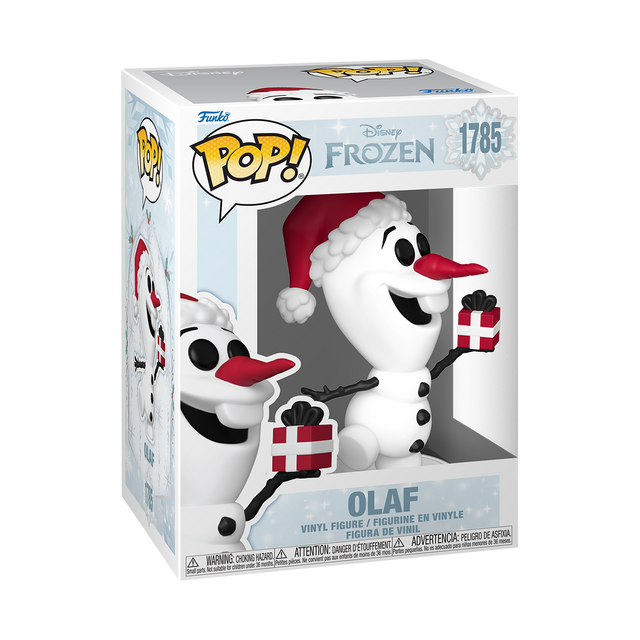 Funko Pop! Disney Olaf figure from Frozen Holiday collection, collectible vinyl toy with Olaf's cheerful face and winter outfit.