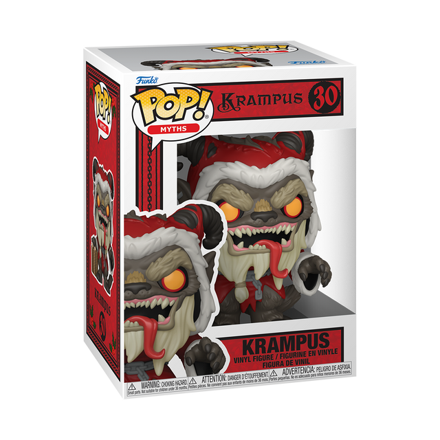 Funko Pop! Myths Krampus holiday figure with detailed features and festive packaging, by Shak's Pop Shop.