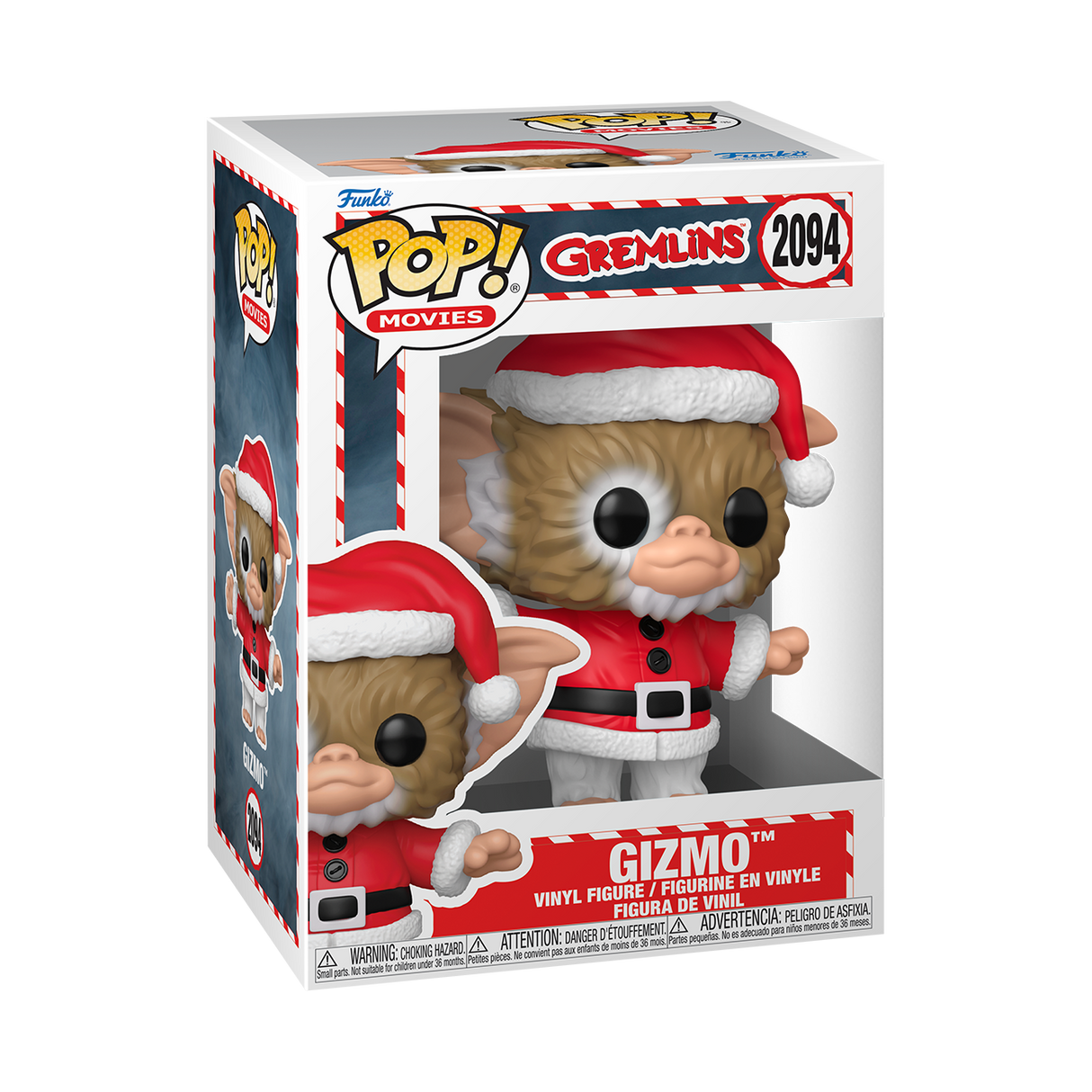 Funko Pop! Movies Gizmo holiday figure from Gremlins, featuring festive details and collectible design in a clear display pose.