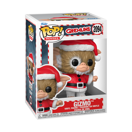 Funko Pop! Movies Gizmo holiday figure from Gremlins, featuring festive details and collectible design in a clear display pose.