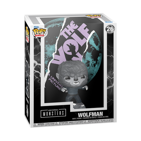Funko Pop! figure of The Wolf Man from Universal Monsters, displayed on VHS cover art with classic horror design.