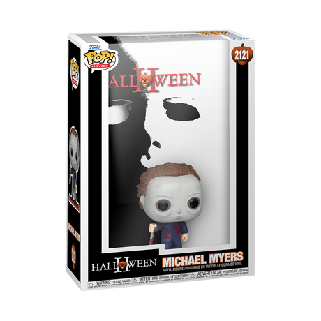 Funko Pop! figure of Michael Myers from Halloween II with VHS cover art, collectible toy by Shak's Pop Shop.