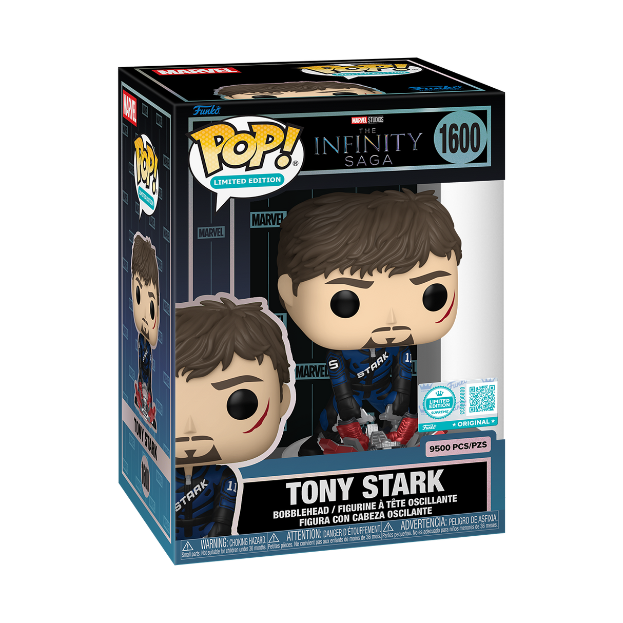 Funko Pop! Marvel's Tony Stark Supreme Edition figure, limited edition 9,500, with detailed design and exclusive Marvel Infinity Saga theme.