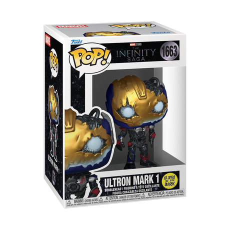 Funko Pop! Marvel MCU Archives Ultron Mark 1 glow figure showing Ultron's robotic face and glowing effects, collectible toy with detailed design.