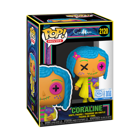 Funko Pop! Coraline Blacklight figure from the Movies series, featuring Coraline in her patchwork outfit with vibrant blacklight design.