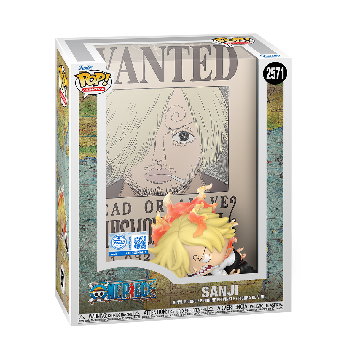 Funko Pop! Animation One Piece Sanji Wanted Poster figure in display case, collectible vinyl figure from Shak's Pop Shop