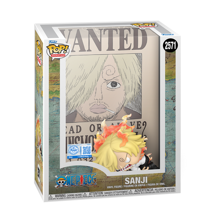 Funko Pop! Animation One Piece Sanji Wanted Poster figure in display case, collectible vinyl figure from Shak's Pop Shop