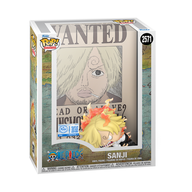 Funko Pop! Animation One Piece Sanji Wanted Poster figure in display case, collectible vinyl figure from Shak's Pop Shop