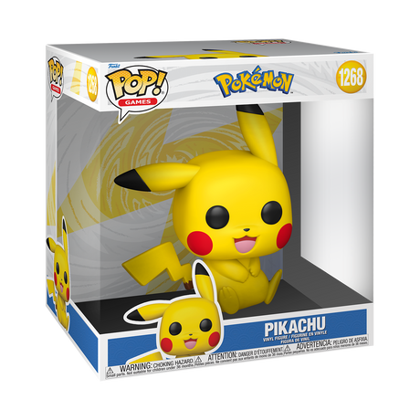 Sitting Pikachu Funko Pop! Games jumbo 10-inch figure from Pokémon series, detailed yellow plush with black-tipped ears.