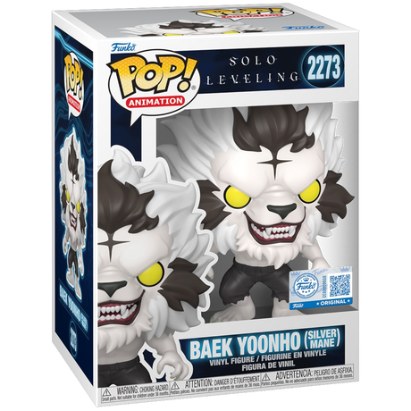 Funko Pop! Animation Baek Yoonho Silver Mane figure with box imperfection, featuring detailed character design from Solo Leveling.